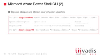 Microsoft Azure Power Shell CLI (2)
Sleeping with the enemy - Oracle @ Azure39 19.11.2015
Beispiel Stoppen und Starten einer virtuellen Maschine
PS C:> Stop-AzureVM -ServiceName "tvdlxora12101ee" -Name "tvdlxora12101ee“
OperationDescription OperationId Status
-------------------- ------------------------------------ -------------
Stop-AzureVM d1d7484e-f8ff-6d18-8fa7-831396427e91 Succeeded
PS C:> Start-AzureVM -ServiceName "tvdlxora12101ee" -Name "tvdlxora12101ee“
 
