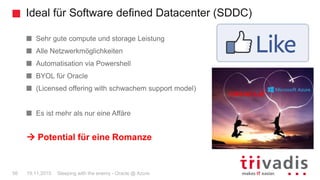 Ideal für Software defined Datacenter (SDDC)
Sleeping with the enemy - Oracle @ Azure56 19.11.2015
Sehr gute compute und storage Leistung
Alle Netzwerkmöglichkeiten
Automatisation via Powershell
BYOL für Oracle
(Licensed offering with schwachem support model)
Es ist mehr als nur eine Affäre
 Potential für eine Romanze
 