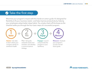 4Measure
1Assess
2Plan
3Engage
Assess — Use data
to learn where your
company stands on
workforce health.
Plan — Set goals,
schedule events and
activities, and develop
a communications
strategy.
Engage — Launch and
promote the program to
your workforce.
Measure — Evaluate your
program’s success and
set future goals.
Maximize your program’s impact with this hands-on action guide. It’s designed for
flexibility to fit your business needs — and help improve productivity by helping
your employees adopt better sleep habits. You simply check off the boxes as the
checklist walks you through the four basic steps of a successful program:
Take the first step
4 kp.org/choosebetter
A BETTER WAY TO TAKE CARE OF BUSINESS
Let’s dive in!
Not your first workforce
health program? Skip
ahead to the Plan
section on page 6.
 