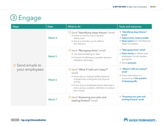 Engage3
8 kp.org/choosebetter
Steps Date What to do Tools and resources
	Send emails to
your employees
Week 4
	Send “Identifying sleep thieves” email:
	 •	Avoid or limit the use of alcohol
before bed.
	 •	Avoid or limit the use of caffeine
and tobacco.
•	“Identifying sleep thieves”
email
•	Tobacco-free campus toolkit
•	Sleep topics from the National
Sleep Foundation
Week 5
	Send “Managing stress” email:
	 •	Use deep breathing to relax.
	 •	Practice mindfulness as another daytime
relaxation technique.
•	“Managing stress” email
•	Share stories to refresh your
employees’ minds, bodies,
and spirits.
•	 Share podcasts.
Week 6
	Send “What if I still can’t sleep?”
email:
	 •	Share tips on making healthy behavior
changes with small goals and physical
activity.
	 •	If one of your employees thinks they have a
more serious condition, tell them to contact
their doctor.
•	“What if I still can’t sleep?”
email
•	 Share information on
insomnia and the question
of sleeping pills.
Week 7
	Send “Assessing your plan and
looking forward” email.
•	“Assessing your plan and
looking forward” email
A BETTER WAY TO TAKE CARE OF BUSINESS
Ready to measure? Let’s go!
 