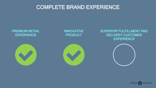 COMPLETE BRAND EXPERIENCE
SUPERIOR FULFILLMENT AND
DELIVERY CUSTOMER
EXPERIENCE
INNOVATIVE
PRODUCT
PREMIUM RETAIL
EXPERIENCE
 