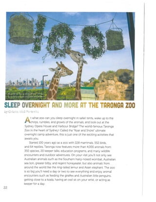 Sleep Overnight and More at the Taronga Zoo by Colette Weil Parrinello FACES magazine April 2017 Cobblestone Publishing