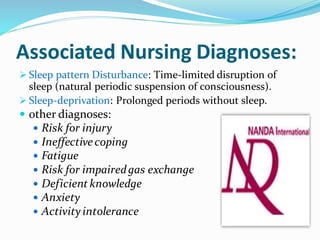 Associated Nursing Diagnoses:
➢ Sleep pattern Disturbance: Time-limited disruption of
sleep (natural periodic suspension of consciousness).
➢ Sleep-deprivation: Prolonged periods without sleep.
 other diagnoses:
 Risk for injury
 Ineffective coping
 Fatigue
 Risk for impairedgas exchange
 Deficient knowledge
 Anxiety
 Activityintolerance
 