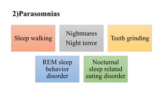 2)Parasomnias
Sleep walking
Nightmares
Night terror
Teeth grinding
REM sleep
behavior
disorder
Nocturnal
sleep related
eating disorder
 