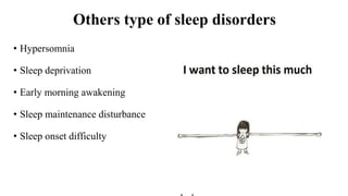 Others type of sleep disorders
• Hypersomnia
• Sleep deprivation
• Early morning awakening
• Sleep maintenance disturbance
• Sleep onset difficulty
 