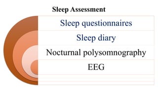 Sleep Assessment
Sleep questionnaires
Sleep diary
Nocturnal polysomnography
EEG
 