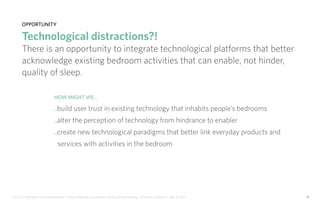 IDUS 711 - Methods of Contextual Research | Frances Manning, Lauren Peters, HaoTing Zhang, Ila Zheng | Prof. Sara Jo Johnson | May 28, 2013 17
opportunity
Technological distractions?!
There is an opportunity to integrate technological platforms that better
acknowledge existing bedroom activities that can enable, not hinder,
quality of sleep.
How might we...
..build user trust in existing technology that inhabits people’s bedrooms
..alter the perception of technology from hindrance to enabler
..create new technological paradigms that better link everyday products and
services with activities in the bedroom
 