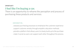 IDUS 711 - Methods of Contextual Research | Frances Manning, Lauren Peters, HaoTing Zhang, Ila Zheng | Prof. Sara Jo Johnson | May 28, 2013 25
opportunity
I feel like I’m buying a car.
There is an opportunity to reframe the perception and process of
purchasing these products and services.
How might we...
..reassess purchasing processes to emphasize the customer experience
..support customer anxiety through empathic education methods
..provide a platform that allows users to slowly build up to the purchase
..make it social so users can support each other throughout the process
 