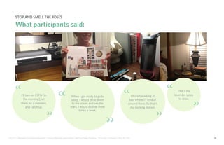 IDUS 711 - Methods of Contextual Research | Frances Manning, Lauren Peters, HaoTing Zhang, Ila Zheng | Prof. Sara Jo Johnson | May 28, 2013 28
When I got ready to go to
sleep, I would drive down
to the ocean and see the
stars. I would do that three
times a week.
“
“
I’ll start working in
bed where I’ll kind of
unwind there. So that’s
my docking station.
“
“
That’s my
lavender spray
to relax.
“
“
I’ll turn on ESPN [in
the morning], sit
there for a moment,
and catch up.
“
“
stop and smell the roses
What participants said:
 