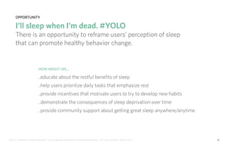 IDUS 711 - Methods of Contextual Research | Frances Manning, Lauren Peters, HaoTing Zhang, Ila Zheng | Prof. Sara Jo Johnson | May 28, 2013 33
opportunity
I’ll sleep when I’m dead. #YOLO
There is an opportunity to reframe users’ perception of sleep
that can promote healthy behavior change.
How might we...
..educate about the restful benefits of sleep
..help users prioritize daily tasks that emphasize rest
..provide incentives that motivate users to try to develop new habits
..demonstrate the consequences of sleep deprivation over time
..provide community support about getting great sleep anywhere/anytime
 