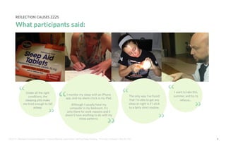 IDUS 711 - Methods of Contextual Research | Frances Manning, Lauren Peters, HaoTing Zhang, Ila Zheng | Prof. Sara Jo Johnson | May 28, 2013 4
I monitor my sleep with an iPhone
app, and my alarm clock is my iPad.
Although I usually have my
computer in my bedroom, it’s
only there for work reasons and it
doesn’t have anything to do with my
sleep patterns.
“
“
The only way I’ve found
that I’m able to get any
sleep at night is if I stick
to a fairly strict routine.
“
“
I want to take this
summer, and try to
refocus...
“
“
Under all the right
conditions, the
sleeping pills make
me tired enough to fall
asleep.
“
“
Reflection causes zzzs
What participants said:
 