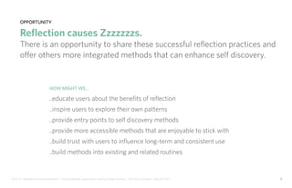 IDUS 711 - Methods of Contextual Research | Frances Manning, Lauren Peters, HaoTing Zhang, Ila Zheng | Prof. Sara Jo Johnson | May 28, 2013 5
opportunity
Reflection causes Zzzzzzzs.
There is an opportunity to share these successful reflection practices and
offer others more integrated methods that can enhance self discovery.
How might we...
..educate users about the benefits of reflection
..inspire users to explore their own patterns
..provide entry points to self discovery methods
..provide more accessible methods that are enjoyable to stick with
..build trust with users to influence long-term and consistent use
..build methods into existing and related routines
 