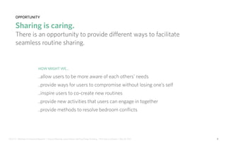 IDUS 711 - Methods of Contextual Research | Frances Manning, Lauren Peters, HaoTing Zhang, Ila Zheng | Prof. Sara Jo Johnson | May 28, 2013 9
opportunity
Sharing is caring.
There is an opportunity to provide different ways to facilitate
seamless routine sharing.
How might we...
..allow users to be more aware of each others’ needs
..provide ways for users to compromise without losing one’s self
..inspire users to co-create new routines
..provide new activities that users can engage in together
..provide methods to resolve bedroom conflicts
 