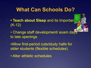 What Can Schools Do?
• • Teach about Sleep and its Importance
(K-12)
• • Change staff development/ exam days
to late openings
• •Allow first-period cuts/study halls for
older students (flexible schedules)
• Alter athletic schedules
 