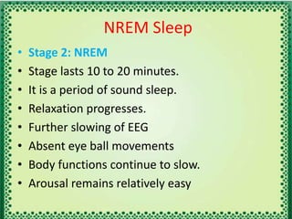 NREM Sleep
• Stage 2: NREM
• Stage lasts 10 to 20 minutes.
• It is a period of sound sleep.
• Relaxation progresses.
• Further slowing of EEG
• Absent eye ball movements
• Body functions continue to slow.
• Arousal remains relatively easy
 