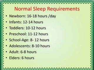 Normal Sleep Requirements
• Newborn: 16-18 hours /day
• Infants: 12-14 hours
• Toddlers: 10-12 hours
• Preschool: 11-12 hours
• School-Age: 8- 12 hours
• Adolescents: 8-10 hours
• Adult: 6-8 hours
• Elders: 6 hours
 