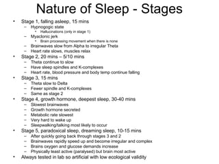 Nature of Sleep - Stages
• Stage 1, falling asleep, 15 mins
– Hypnogogic state
• Hallucinations (only in stage 1)
– Myaclonic jerk
• Brain processing movement when there is none
– Brainwaves slow from Alpha to irregular Theta
– Heart rate slows, muscles relax
• Stage 2, 20 mins – 5/10 mins
– Theta continue to slow
– Have sleep spindles and K-complexes
– Heart rate, blood pressure and body temp continue falling
• Stage 3, 15 mins
– Theta slow to Delta
– Fewer spindle and K-complexes
– Same as stage 2
• Stage 4, growth hormone, deepest sleep, 30-40 mins
– Slowest brainwaves
– Growth hormone secreted
– Metabolic rate slowest
– Very hard to wake up
– Sleepwalking/talking most likely to occur
• Stage 5, paradoxical sleep, dreaming sleep, 10-15 mins
– After quickly going back through stages 3 and 2
– Brainwaves rapidly speed up and become irregular and complex
– Brains oxygen and glucose demands increase
– Physically least active (paralysed) but brain most active
• Always tested in lab so artificial with low ecological validity
 