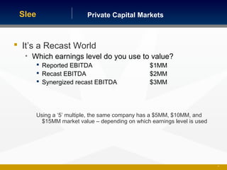 Private Capital MarketsSlee
27
 It’s a Recast World
• Which earnings level do you use to value?
 Reported EBITDA $1MM
 Recast EBITDA $2MM
 Synergized recast EBITDA $3MM
Using a ‘5’ multiple, the same company has a $5MM, $10MM, and
$15MM market value – depending on which earnings level is used
 