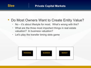 Private Capital MarketsSlee
PERSONAL BUSINESS MARKET
 Do Most Owners Want to Create Entity Value?
• No – it’s about lifestyle for most. What’s wrong with this?
• What are the three most important things in real estate
valuation? In business valuation?
• Let’s play the transfer timing slots game
 