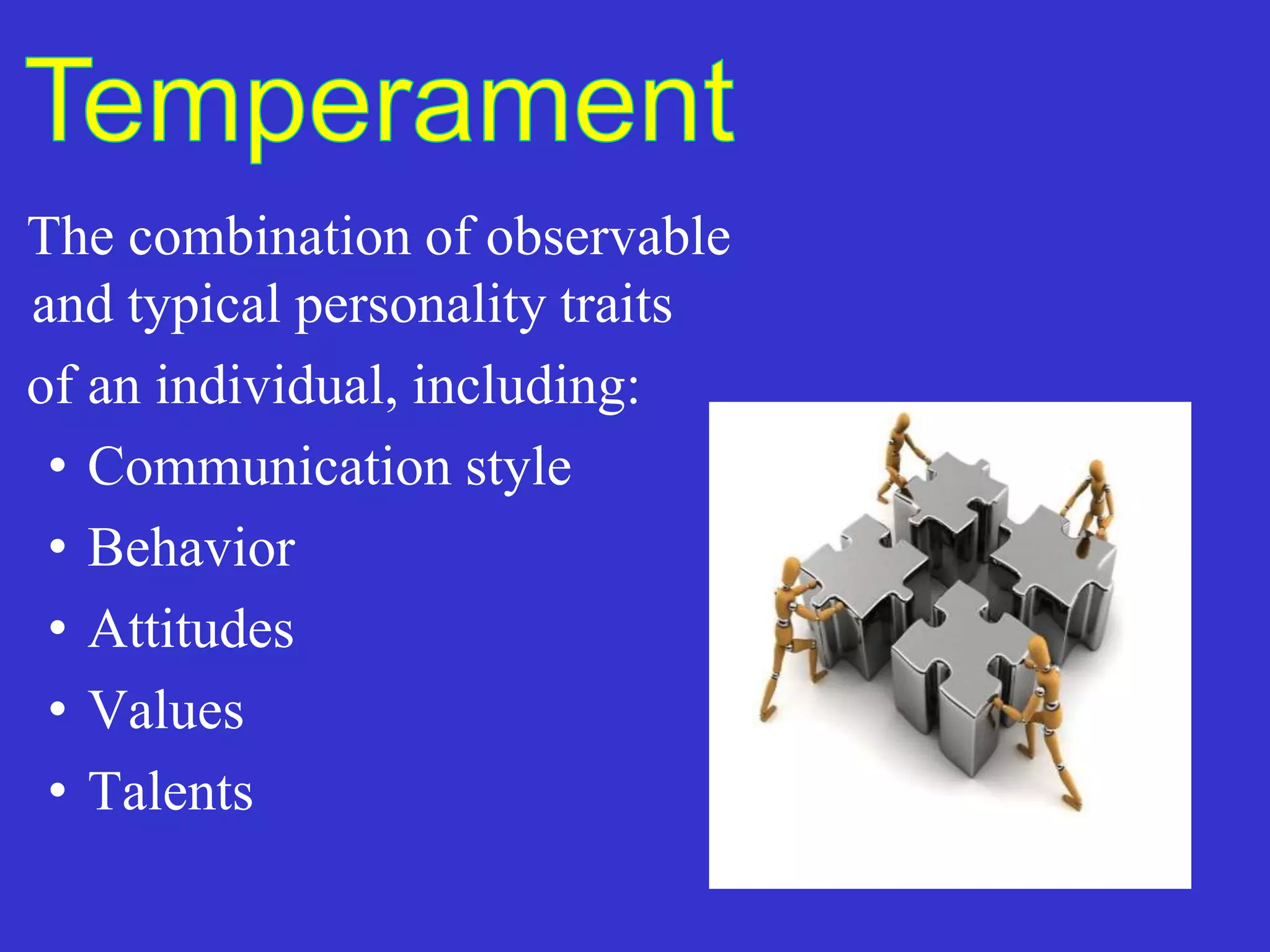 The combination of observable
and typical personality traits
of an individual, including:
• Communication style
• Behavior
• Attitudes
• Values
• Talents
 