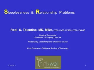 7/29/2015 1
Roel S. Tolentino, MD, MBA, FPCS, FACS, FPSGS, FPSO, FMOSP
Surgical Oncologist
Professor of Surgery Level IV
Personality, Leadership and Business Coach
Past President - Philippine Society of Oncology
Sleeplessness & Relationship Problems
 