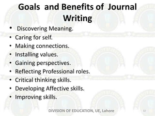 Goals and Benefits of Journal
Writing
• Discovering Meaning.
• Caring for self.
• Making connections.
• Installing values.
• Gaining perspectives.
• Reflecting Professional roles.
• Critical thinking skills.
• Developing Affective skills.
• Improving skills.
DIVISION OF EDUCATION, UE, Lahore 12
 