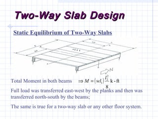 Two-Way Slab DesignTwo-Way Slab Design
Static Equilibrium of Two-Way Slabs
Total Moment in both beams
Full load was transferred east-west by the planks and then was
transferred north-south by the beams;
The same is true for a two-way slab or any other floor system.
( ) ft-k
8
2
2
1
l
wlM =⇒
 