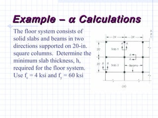 Example –Example – αα CalculationsCalculations
The floor system consists of
solid slabs and beams in two
directions supported on 20-in.
square columns. Determine the
minimum slab thickness, h,
required for the floor system.
Use fc = 4 ksi and fy = 60 ksi
 