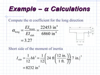Example –Example – αα CalculationsCalculations
Compute the α coefficient for the long direction
Short side of the moment of inertia
4
beam
long 4
slab
22453 in
6860 in
3.27
EI
EI
α = =
=
( )
33
slab
4
1 1 12 in.
24 ft 7 in.
12 12 1 ft.
8232 in
I bh
  
= =  ÷ ÷
  
=
 