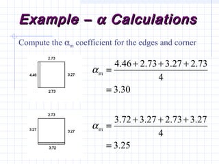 Example –Example – αα CalculationsCalculations
Compute the αm coefficient for the edges and corner
m
4.46 2.73 3.27 2.73
4
3.30
α
+ + +
=
=
m
3.72 3.27 2.73 3.27
4
3.25
α
+ + +
=
=
 