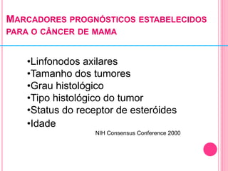 MARCADORES PROGNÓSTICOS ESTABELECIDOS
PARA O CÂNCER DE MAMA
•Linfonodos axilares
•Tamanho dos tumores
•Grau histológico
•Tipo histológico do tumor
•Status do receptor de esteróides
•Idade
NIH Consensus Conference 2000
 