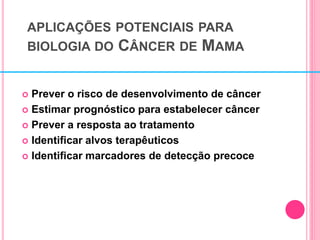 APLICAÇÕES POTENCIAIS PARA
BIOLOGIA DO CÂNCER DE MAMA
 Prever o risco de desenvolvimento de câncer
 Estimar prognóstico para estabelecer câncer
 Prever a resposta ao tratamento
 Identificar alvos terapêuticos
 Identificar marcadores de detecção precoce
 