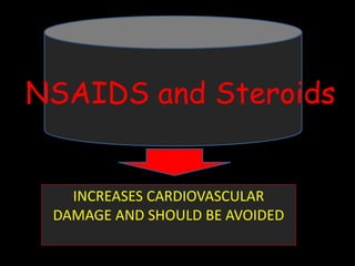 NSAIDS and Steroids
INCREASES CARDIOVASCULAR
DAMAGE AND SHOULD BE AVOIDED
 