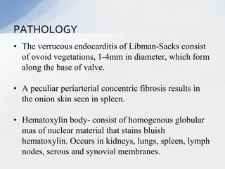 • The verrucous endocarditis of Libman-Sacks consist
of ovoid vegetations, 1-4mm in diameter, which form
along the base of valve.
• A peculiar periarterial concentric fibrosis results in
the onion skin seen in spleen.
• Hematoxylin body- consist of homogenous globular
mas of nuclear material that stains bluish
hematoxylin. Occurs in kidneys, lungs, spleen, lymph
nodes, serous and synovial membranes.
PATHOLOGY
 