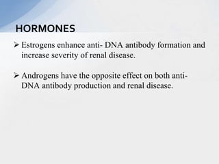  Estrogens enhance anti- DNA antibody formation and
increase severity of renal disease.
 Androgens have the opposite effect on both anti-
DNA antibody production and renal disease.
HORMONES
 