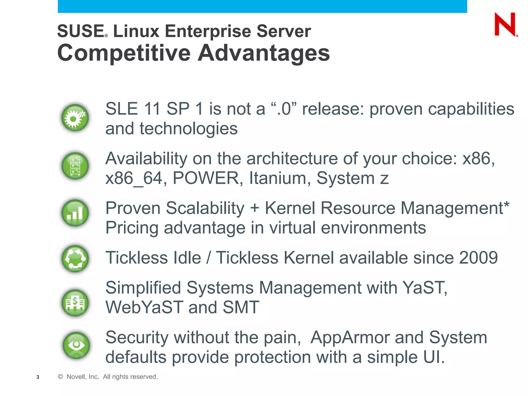 SUSE Linux Enterprise Server
                    ®




    Competitive Advantages

                    SLE 11 SP 1 is not a “.0” release: proven capabilities
                    and technologies
                    Availability on the architecture of your choice: x86,
                    x86_64, POWER, Itanium, System z
                    Proven Scalability + Kernel Resource Management*
                    Pricing advantage in virtual environments
                    Tickless Idle / Tickless Kernel available since 2009
                    Simplified Systems Management with YaST,
                    WebYaST and SMT
                    Security without the pain, AppArmor and System
                    defaults provide protection with a simple UI.
3   © Novell, Inc. All rights reserved.
 