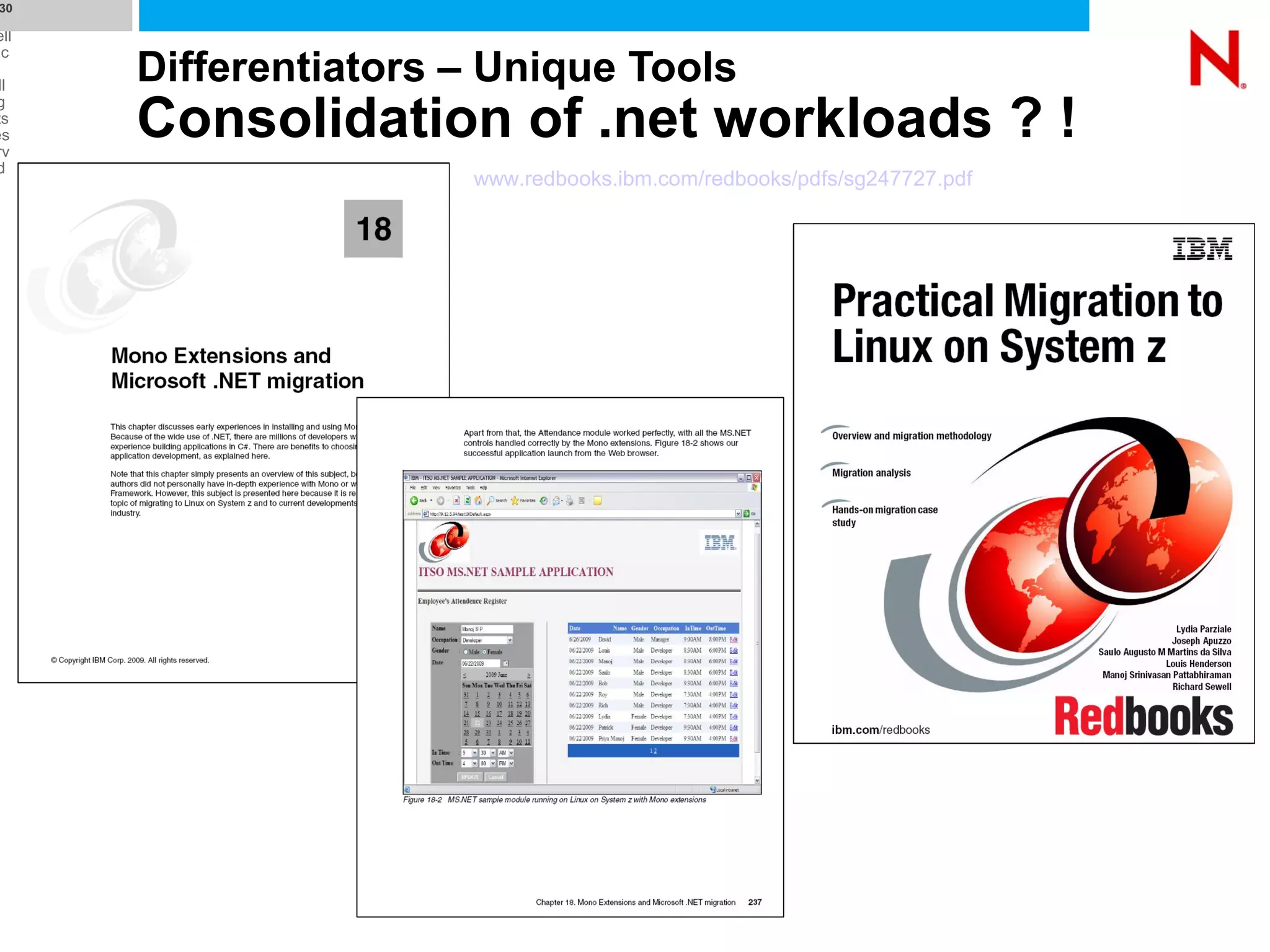 30
 o
ell

      Differentiators – Unique Tools
nc

 ll

      Consolidation of .net workloads ? !
g
ts
es
rv
d
                      www.redbooks.ibm.com/redbooks/pdfs/sg247727.pdf
 