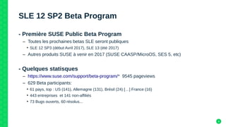 4
SLE 12 SP2 Beta Program
- Première SUSE Public Beta Program
– Toutes les prochaines betas SLE seront publiques
• SLE 12 SP3 (début Avril 2017), SLE 13 (été 2017)
– Autres produits SUSE à venir en 2017 (SUSE CAASP/MicroOS, SES 5, etc)
- Quelques statisques
– https://www.suse.com/support/beta-program/* 9545 pageviews
– 629 Beta participants:
• 61 pays, top : US (141), Allemagne (131), Brésil (24) […] France (16)
• 443 entreprises et 141 non-affiliés
• 73 Bugs ouverts, 60 résolus...
 