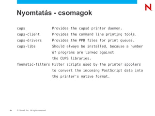 © Novell, Inc. All rights reserved.25
Nyomtatás - csomagok
cups Provides the cupsd printer daemon.
cups-client Provides th...