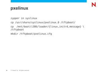 © Novell, Inc. All rights reserved.93
pxelinux
zypper in syslinux
cp /usr/share/syslinux/pxelinux.0 /tftpboot/
cp /mnt/boo...