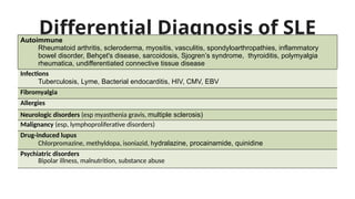 Differential Diagnosis of SLE
Autoimmune
Rheumatoid arthritis, scleroderma, myositis, vasculitis, spondyloarthropathies, inflammatory
bowel disorder, Behçet's disease, sarcoidosis, Sjogren’s syndrome, thyroiditis, polymyalgia
rheumatica, undifferentiated connective tissue disease
Infections
Tuberculosis, Lyme, Bacterial endocarditis, HIV, CMV, EBV
Fibromyalgia
Allergies
Neurologic disorders (esp myasthenia gravis, multiple sclerosis)
Malignancy (esp, lymphoproliferative disorders)
Drug-induced lupus
Chlorpromazine, methyldopa, isoniazid, hydralazine, procainamide, quinidine
Psychiatric disorders
Bipolar illness, malnutrition, substance abuse
 