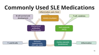Commonly Used SLE Medications
16
NSAIDs (multiple)
Anti-malarials
(HCQ)
Cortico-steroids
(prednisone)
Immuno-
suppressants
(CYC, AZA, MMF)
Monoclonal
antibodies
(belimumab)
Inflammation, pain, fever
T-cell, cytokines
Inflammation
T- and B-cells
B-cell survival and
development
 
