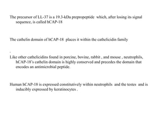 The precursor of LL-37 is a 19.3-kDa prepropeptide which, after losing its signal
sequence, is called hCAP-18
The cathelin domain of hCAP-18 places it within the cathelicidin family
.
Like other cathelicidins found in porcine, bovine, rabbit , and mouse , neutrophils,
hCAP-18’s cathelin domain is highly conserved and precedes the domain that
encodes an antimicrobial peptide.
Human hCAP-18 is expressed constitutively within neutrophils and the testes and is
inducibly expressed by keratinocytes .
 