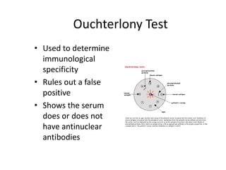 Ouchterlony Test
• Used to determine
immunological
specificity
• Rules out a false
positive
• Shows the serum
does or does not
have antinuclear
antibodies
 