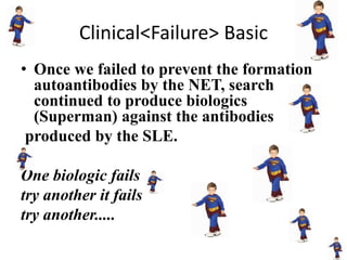 Clinical<Failure> Basic
• Once we failed to prevent the formation
autoantibodies by the NET, search
continued to produce biologics
(Superman) against the antibodies
produced by the SLE.
One biologic fails
try another it fails
try another.....
 