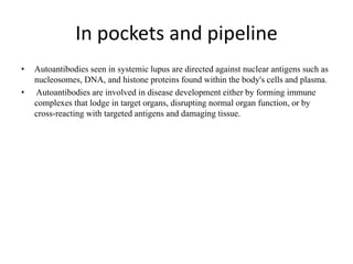 In pockets and pipeline
• Autoantibodies seen in systemic lupus are directed against nuclear antigens such as
nucleosomes, DNA, and histone proteins found within the body's cells and plasma.
• Autoantibodies are involved in disease development either by forming immune
complexes that lodge in target organs, disrupting normal organ function, or by
cross-reacting with targeted antigens and damaging tissue.
 