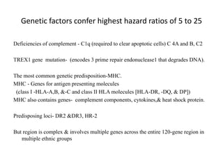 Genetic factors confer highest hazard ratios of 5 to 25
Deficiencies of complement - C1q (required to clear apoptotic cells) C 4A and B, C2
TREX1 gene mutation- (encodes 3 prime repair endonuclease1 that degrades DNA).
The most common genetic predisposition-MHC.
MHC - Genes for antigen presenting molecules
(class I -HLA-A,B, &-C and class II HLA molecules [HLA-DR, -DQ, & DP])
MHC also contains genes- complement components, cytokines,& heat shock protein.
Predisposing loci- DR2 &DR3, HR-2
But region is complex & involves multiple genes across the entire 120-gene region in
multiple ethnic groups
 
