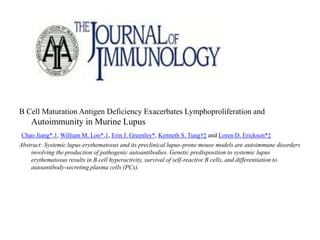 B Cell Maturation Antigen Deficiency Exacerbates Lymphoproliferation and
Autoimmunity in Murine Lupus
Chao Jiang*,1, William M. Loo*,1, Erin J. Greenley*, Kenneth S. Tung†‡ and Loren D. Erickson*‡
Abstract: Systemic lupus erythematosus and its preclinical lupus-prone mouse models are autoimmune disorders
involving the production of pathogenic autoantibodies. Genetic predisposition to systemic lupus
erythematosus results in B cell hyperactivity, survival of self-reactive B cells, and differentiation to
autoantibody-secreting plasma cells (PCs).
 