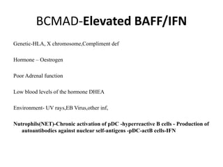 BCMAD-Elevated BAFF/IFN
Genetic-HLA, X chromosome,Compliment def
Hormone – Oestrogen
Poor Adrenal function
Low blood levels of the hormone DHEA
Environment- UV rays,EB Virus,other inf,
Nutrophils(NET)-Chronic activation of pDC -hyperreactive B cells - Production of
autoantibodies against nuclear self-antigens -pDC-actB cells-IFN
 
