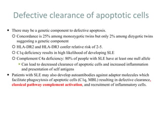 Defective clearance of apoptotic cells
 There may be a genetic component to defective apoptosis.
 Concordance is 25% among monozygotic twins but only 2% among dizygotic twins
suggesting a genetic component
 HLA-DR2 and HLA-DR3 confer relative risk of 2-5.
 C1q deficiency results in high likelihood of developing SLE
 Complement C4a deficiency: 80% of people with SLE have at least one null allele
Can lead to decreased clearance of apoptotic cells and increased inflammation
and presentation of self antigens
 Patients with SLE may also develop autoantibodies against adaptor molecules which
facilitate phagocytosis of apoptotic cells (C1q, MBL) resulting in defective clearance,
classical pathway complement activation, and recruitment of inflammatory cells.
 